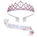 Birthday Queen set featuring a silver crystal tiara and a floral satin sash for celebrations - One Size / Pink Tiara And Silver QUEEN Sash