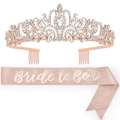 Detail of rose gold crystal crown and pink glitter sash with Bride to Be text - Tiara And Sash Set / Rose Gold Style 2