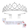Birthday Queen set featuring a silver rhinestone tiara and pink floral satin sash - One Size / Silver Tiara And Silver QUEEN Sash