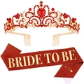 Red glitter Bride To Be sash with a gold ruby tiara set for bridal shower parties - Tiara And Sash Set / Red Zirconia Set