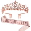 Coffret Birthday Queen avec tiare en strass or rose et écharpe rose à paillettes - Diadème en or rose avec strass blancs et écharpe rose Queen (Lot 17)