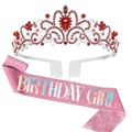Écharpe rose Birthday Girl et couronne argentée avec des strass rouges brillants - Couronne Argentée avec Strass Rouges + Écharpe Rose Girl (Ensemble 19)