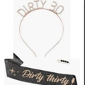 Dirty Thirty birthday party set with rhinestone headband and black glitter sash - 30th Anniversary Style / Rose Gold