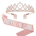 Set mit rosa Glitzer-Birthday-Girl-Schärpe und roségoldener Strass-Tiara - Roségold + Rosa Set