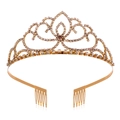 Elegant gold bridal tiara with floral rhinestones and side combs on white background - Gold