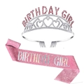 Pink glitter Birthday Girl sash and silver rhinestone crown tiara party favor set - Light Pink Set