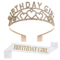 Set d'anniversaire avec diadème en strass dorés et écharpe en satin blanc - Taille unique / Combinaison de Fête de Luxe (Set 9)