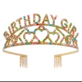 Serre-tête couronne Birthday Girl doré avec strass colorés pour fête d'anniversaire - Taille unique / Couronne en Strass Colorés