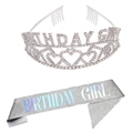 Silver birthday girl rhinestone tiara and glitter sash party accessory set - Silver Glitter Set