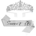 Set anniversaire Sweet 16 avec écharpe argentée pailletée, diadème strass et épingle - Sweet 16 Diadème Écharpe Et Épingle Argent