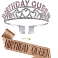 Set Birthday Queen con corona d'argento strass rosa e fascia glitter oro rosa - Stile Alfabeto Regina (Set 1) / Diadema Argento + Fascia Oro Rosa (Set 1)