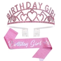 Pink rhinestone Birthday Girl tiara and glitter sash set for girls' party gifts - Pink Italic Set