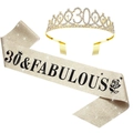 Detail showing glittery champagne gold 30 & Fabulous sash and crystal 30th birthday tiara - 30th Birthday Style / Gold