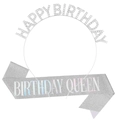 Detail von glitzernder Birthday Queen Schärpe und funkelndem Happy Birthday Haarreifen Set - Silber Irisierendes Queen-Set