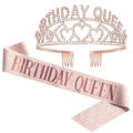 Set Birthday Queen con corona di strass oro rosa e fascia rosa glitterata - Stile Alfabeto Cuore (Set 5) / Diadema Oro Rosa + Fascia Rosa (Set 5)