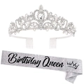 Kit Birthday Queen avec couronne en strass et écharpe argentée brillante pour fête - Couronne En Argent + Bandoulière En Argent