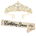 Détail de la tiare dorée en strass avec écharpe scintillante Birthday Queen champagne - Couronne Dorée + Écharpe Dorée
