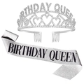 Ensemble diadème Birthday Queen argenté et écharpe scintillante avec strass de fête - Ensemble 6 / Couronne En Argent + Bandoulière En Argent
