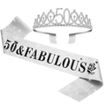 50th Birthday set with silver crystal rhinestone tiara and glitter sash with black lettering - 50th Birthday Style / Silver