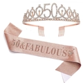 Close-up of rose gold 50th birthday tiara with rhinestones and 50 & Fabulous sash - 50th Birthday Style / Rose Gold
