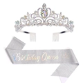 Vue détaillée de l'ensemble écharpe Birthday Queen et diadème en strass colorés - Couronne Strass AB + Écharpe Argent Arc-en-ciel