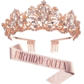 Rosegoldene Birthday Queen Krone und rosa Glitzerschärpe-Set mit Kristallen für Frauen - Roségold Diadem und Schärpe Set