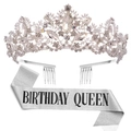 Birthday Queen Set mit silberner Kristall Krone und glitzernder Schärpe für Partys - Silber Diadem und Schärpe Set