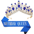 Set Birthday Queen con corona dorata con cristalli blu e fascia glitterata per feste - Combinazione Bianco E Blu Reale