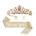 Ensemble Birthday Queen avec diadème en strass colorés et écharpe dorée brillante - Couronne opale et écharpe or avec texte arc-en-ciel