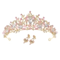 Set tiara e orecchini da sposa in oro con cristalli rosa e trasparenti a goccia d'acqua - Stile con Perline (Orecchini + Corona)