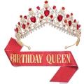 Set Birthday Queen con corona dorata, pietre rosse e fascia rossa scintillante - Combinazione Bianco E Rosso