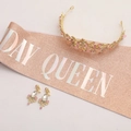 Set compleanno oro rosa con corona di cristallo, orecchini e fascia glitterata rosa - Set Queen Iridescente Oro Rosa