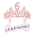 Close-up of 6th birthday tiara with pink rhinestones and 6 & Fabulous satin sash - Age 6 Pink Set