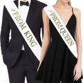 Close-up of white satin Prom King and Queen sashes with elegant gold lettering - White Satin Sash
