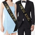 Detail view of black satin Prom King and Queen sashes with gold foil lettering - Black Satin Sash