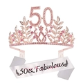 Detail of 50th birthday set with rose gold rhinestone tiara and white satin sash - 50th Birthday Pink Set