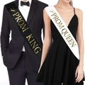Prom King and Queen satin sash set with gold crown lettering for dance party events - White Queen And Black King