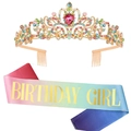 Close-up of rainbow gradient Birthday Girl sash with glitter crown and pink heart gem - Set 5