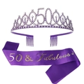 Purple 50th birthday set with crystal tiara and 50 & Fabulous satin sash for party - Sash Tiara Set / 50th Birthday Set