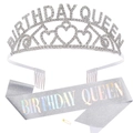 Ensemble couronne argentée Birthday Queen et écharpe pailletée avec texte holographique - Ensemble 19 / Couronne Argentée Et Écharpe Argentée Irisée