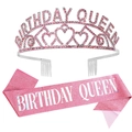 Écharpe Birthday Queen rose et diadème cœur argenté avec strass roses scintillants - Ensemble 26 / Couronne Argentée Diamant Rose Et Écharpe Rose Vif