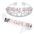 Birthday Queen tiara set with pink crystal crown and rose gold satin sash for girls - One Size / Silver Birthday Queen Tiara & White Sash