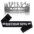 Birthday King crown and sash set with black rhinestones and satin material for party - Black Crown & Black Sash with Silver Lettering