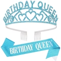 Ensemble écharpe pailletée bleu ciel et couronne en strass argentés Birthday Queen - Ensemble 27 / Couronne Argentée Diamant Bleu Et Écharpe Bleu Vif