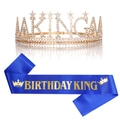 Couronne dorée Birthday King avec écharpe bleue pour fête d'anniversaire homme - Couronne Dorée + Écharpe Bleu Marine avec lettrage doré