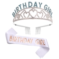 Silver crown with blue rhinestones and white Birthday Girl satin sash party set - One Size / Silver & Blue Birthday Girl Tiara Sash Set (G66T-6)