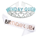 Birthday Queen set featuring a silver tiara with blue crystals and white satin sash - One Size / Silver & Blue Birthday Queen Tiara Sash Set (G66T-4)