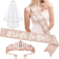 Bride to Be set including double-layer white veil, rose gold sash and rhinestone crown - Rose Gold Tiara Veil and Sash Set