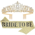 Fascia dorata glitterata Bride To Be con una corona di strass scintillanti per feste - Set Tiara e Fascia / Set Oro