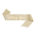 Fascia dorata Birthday Queen glitterata con testo iridescente e icona a corona - Fascia olografica oro